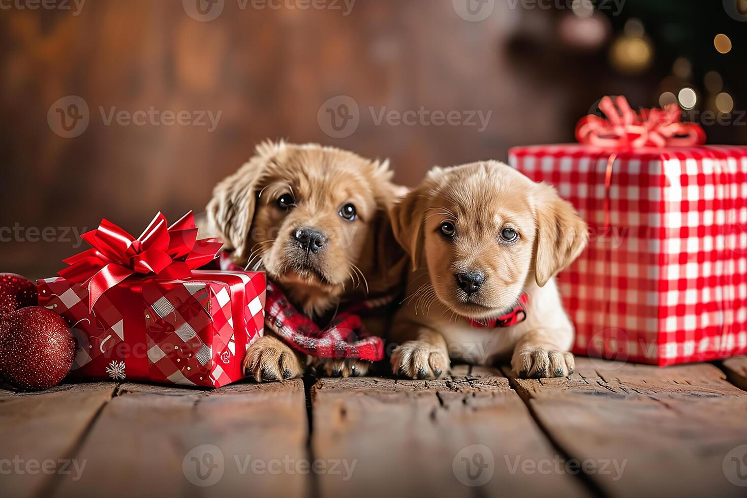 ai generato carino gatto e cane cucciolo con Natale regalo scatole su di legno pavimento foto