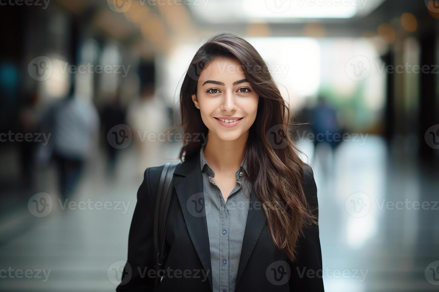 ai generato un' contento professionale donna, leggero sfocato sfondo foto