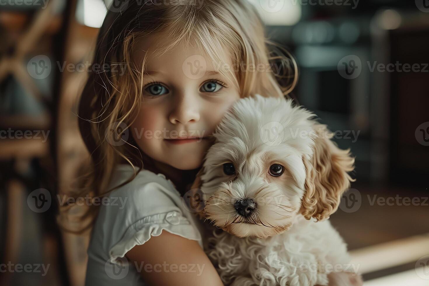 ai generato poco ragazza con sua cucciolo a casa foto