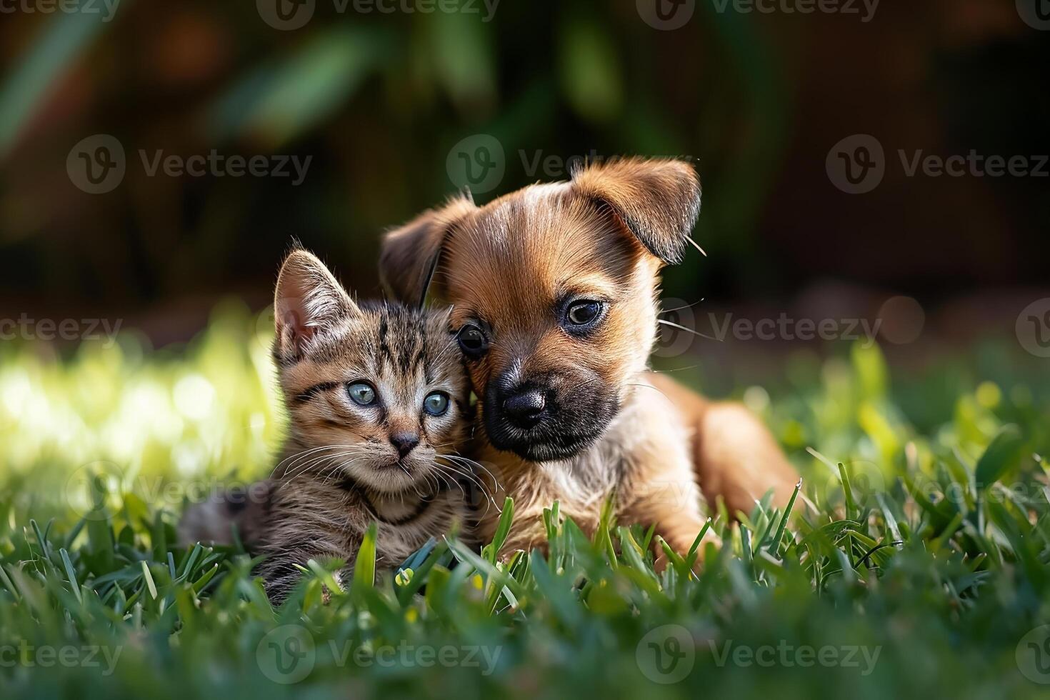 ai generato contento poco arancia havanese cucciolo cane e gatto siamo seduta nel il erba foto