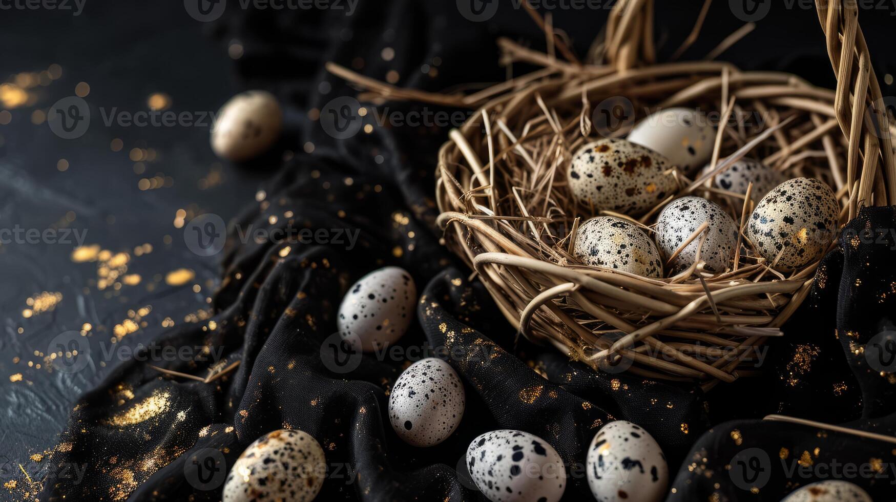 ai generato un' cestino pieno con piccolo maculato uova su superiore di un' nero tovaglia coperto tovaglia con oro macchie su esso e un' nero sfondo foto