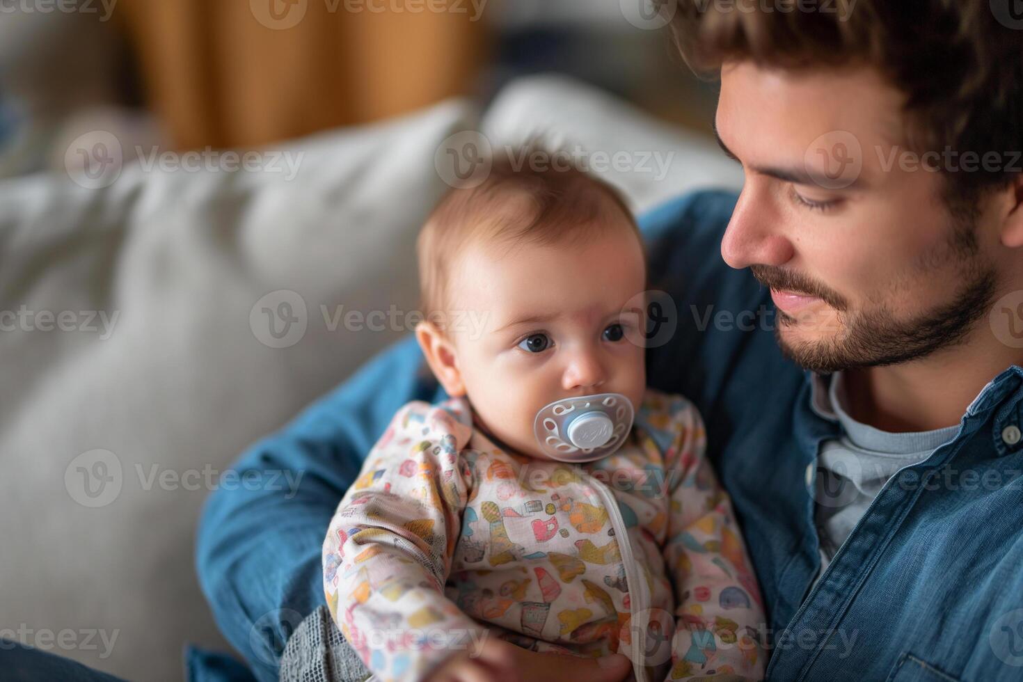 ai generato padri giorno concetto, giovane padre nel blu camicia Tenere bambino nel moderno vivente camera foto