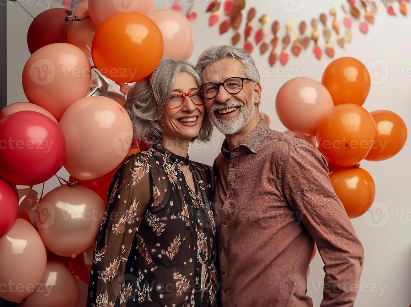 ai generato anziano coppia festeggiare con gioia a un' nerd a tema festa foto