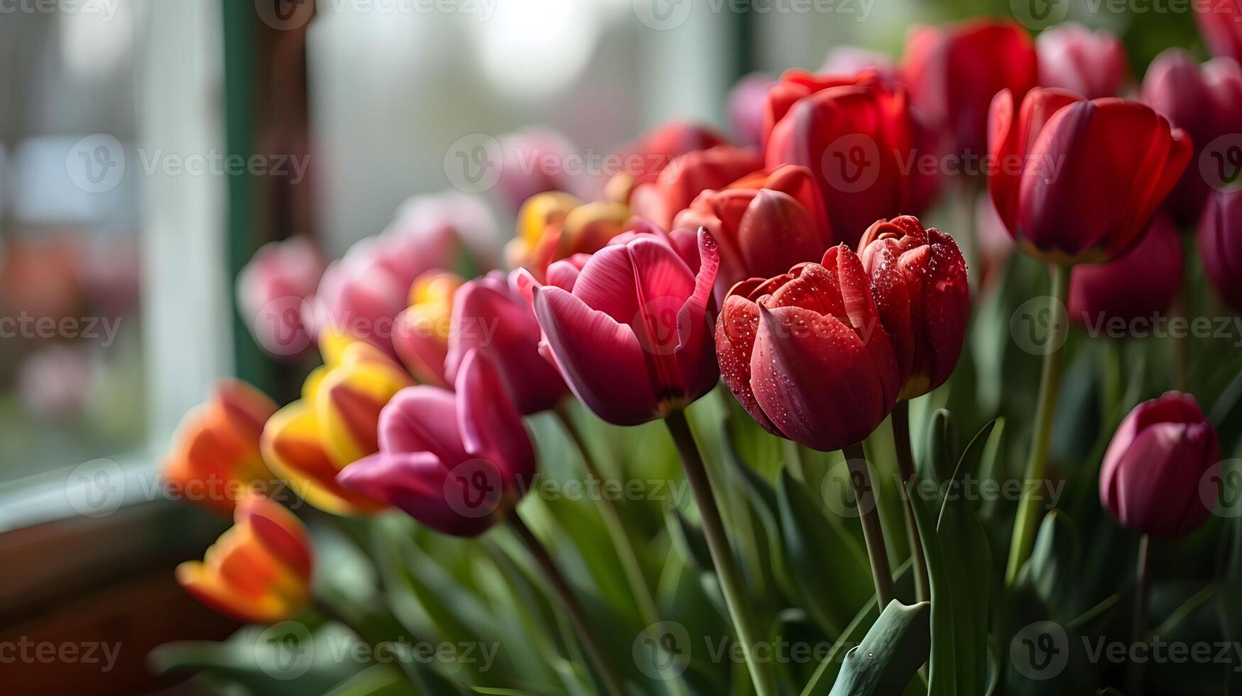 ai generato elegante tulipano mazzo, incantevole avvicinamento con bokeh sfondo, della natura delicato incantesimi foto