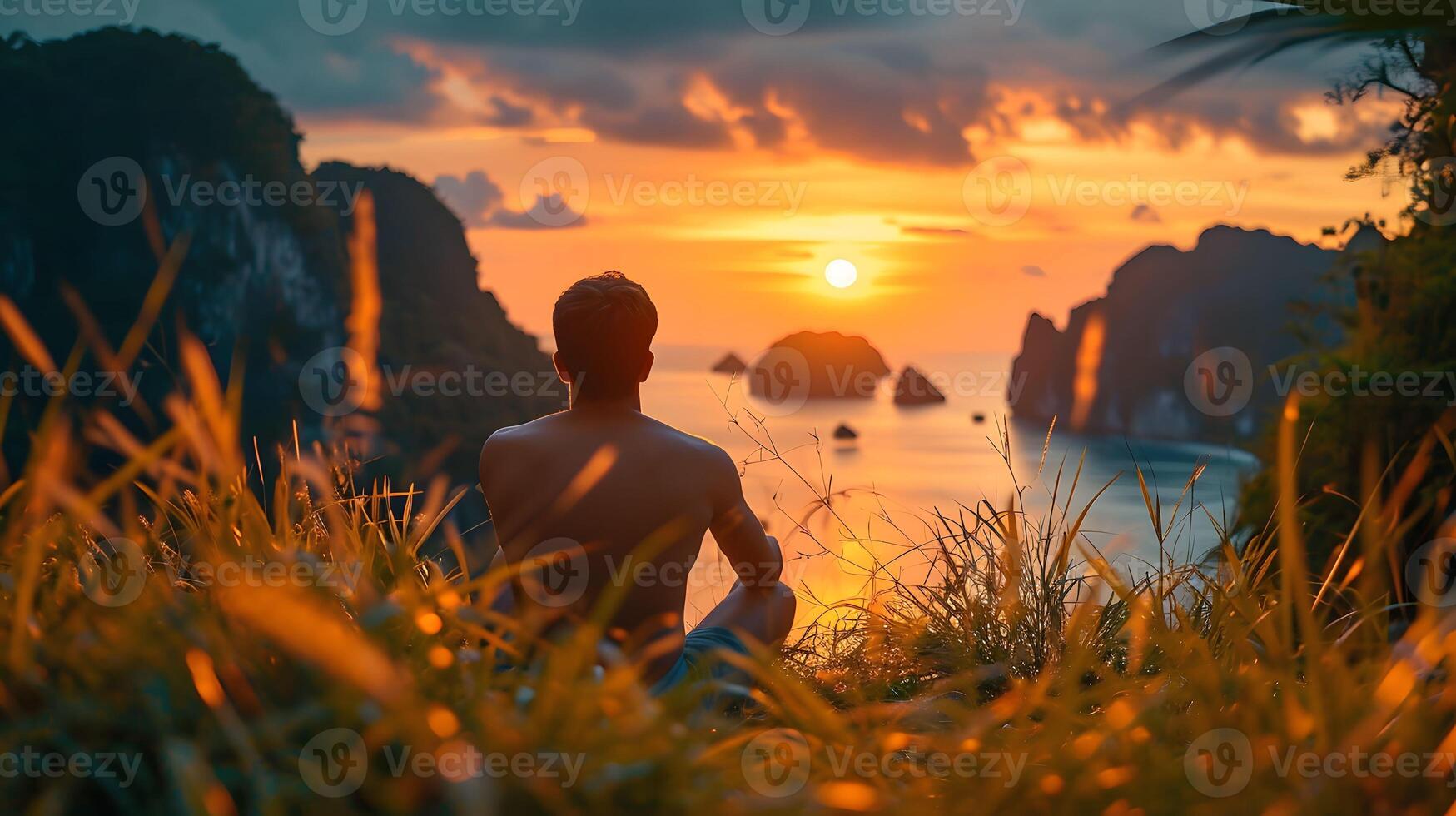 ai generato phi phi tramonto - assolo viaggiatore uomo affascinato di il vivace tramonto in mezzo lussureggiante praterie foto