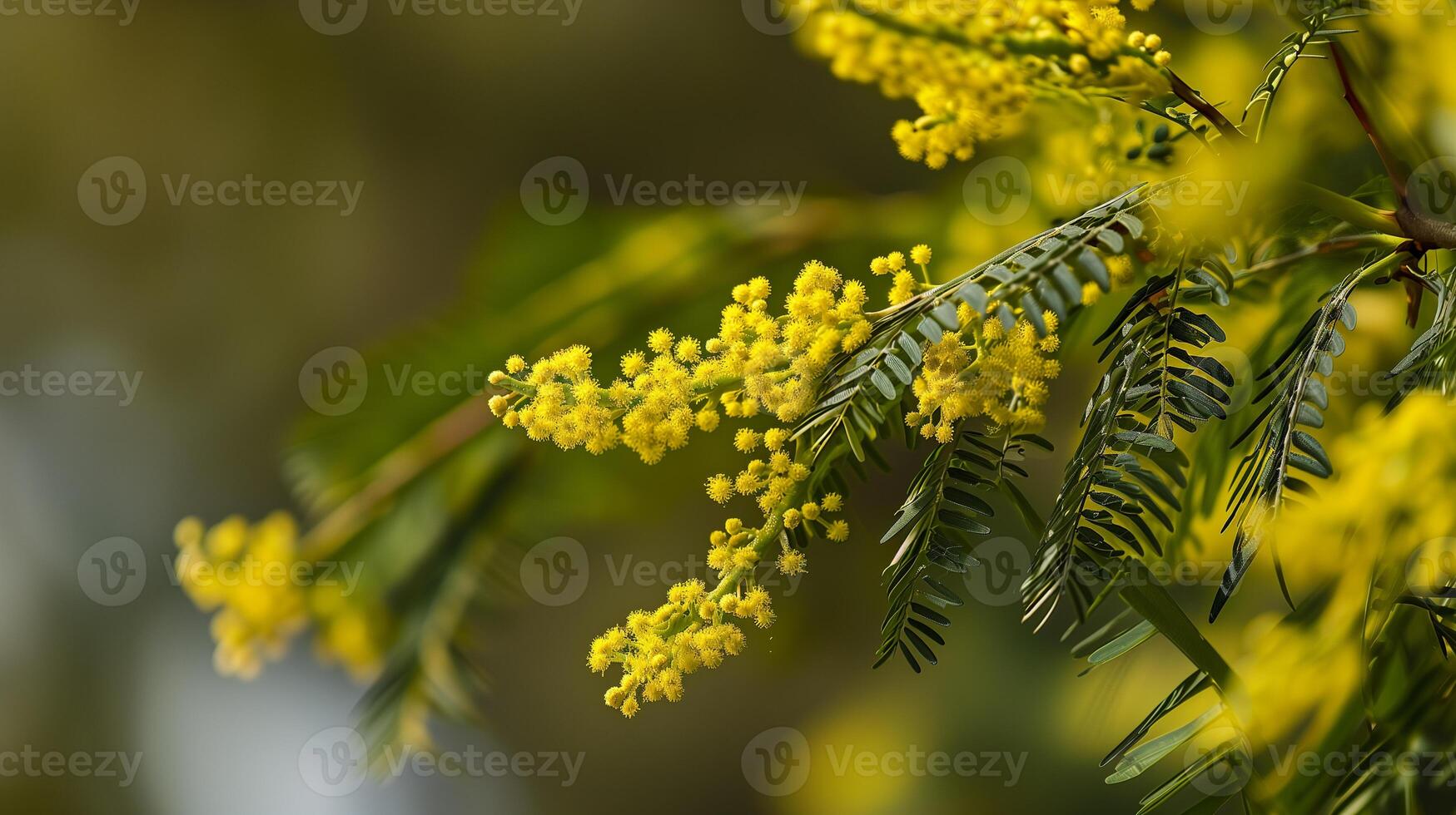 ai generato giallo mimosa fiori su sfocato verde sfondo. superficiale profondità di campo. foto