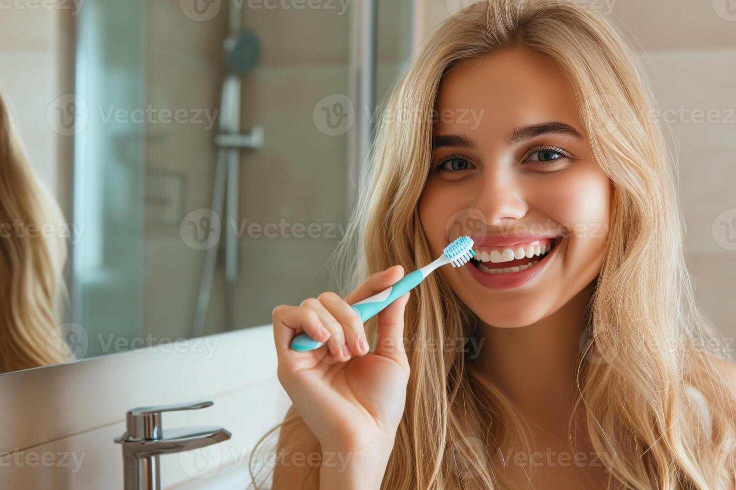 ai generato bellissimo giovane donna con spazzolino nel bagno, denti cura concetto foto