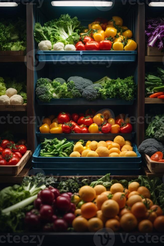 ai generato un' colorato assortimento di fresco frutta e verdure nel un' ben fornito frigorifero foto