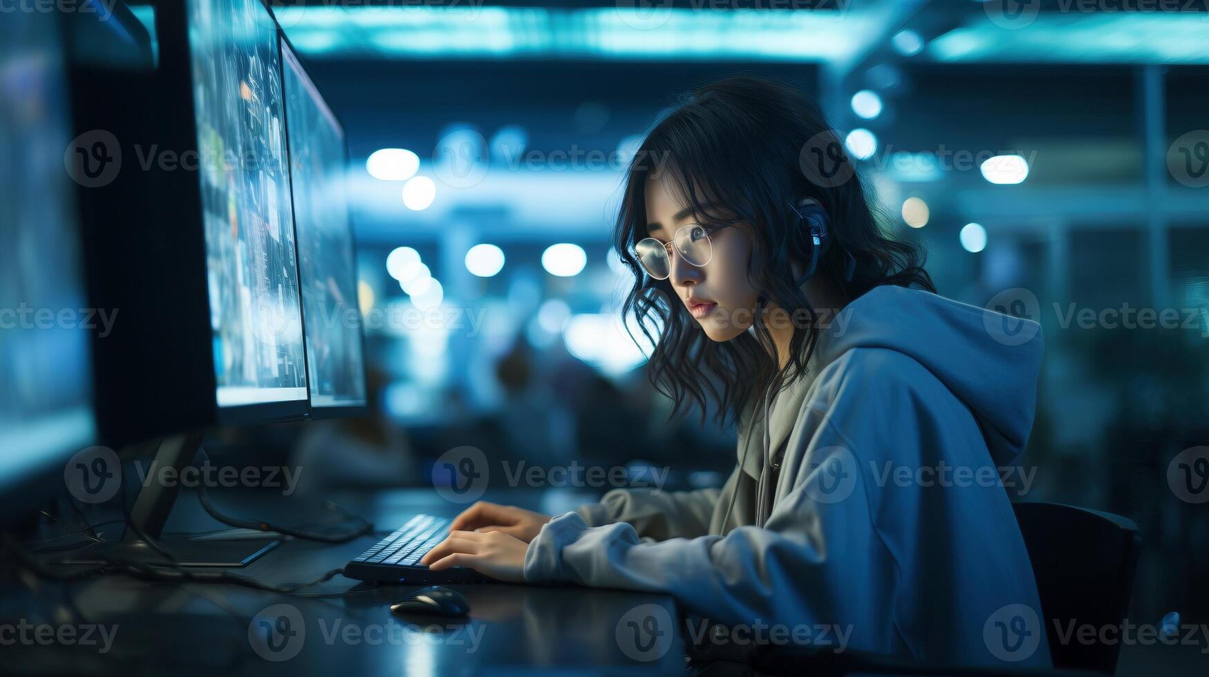 ai generato asiatico femmina sicurezza informatica specialista a posto di lavoro ai generato Immagine sfondo foto