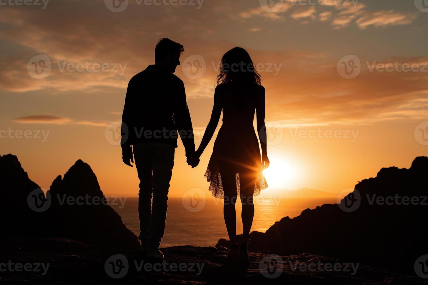 ai generato romantico coppia silhouette a tramonto, ideale per relazione temi, cartoline foto