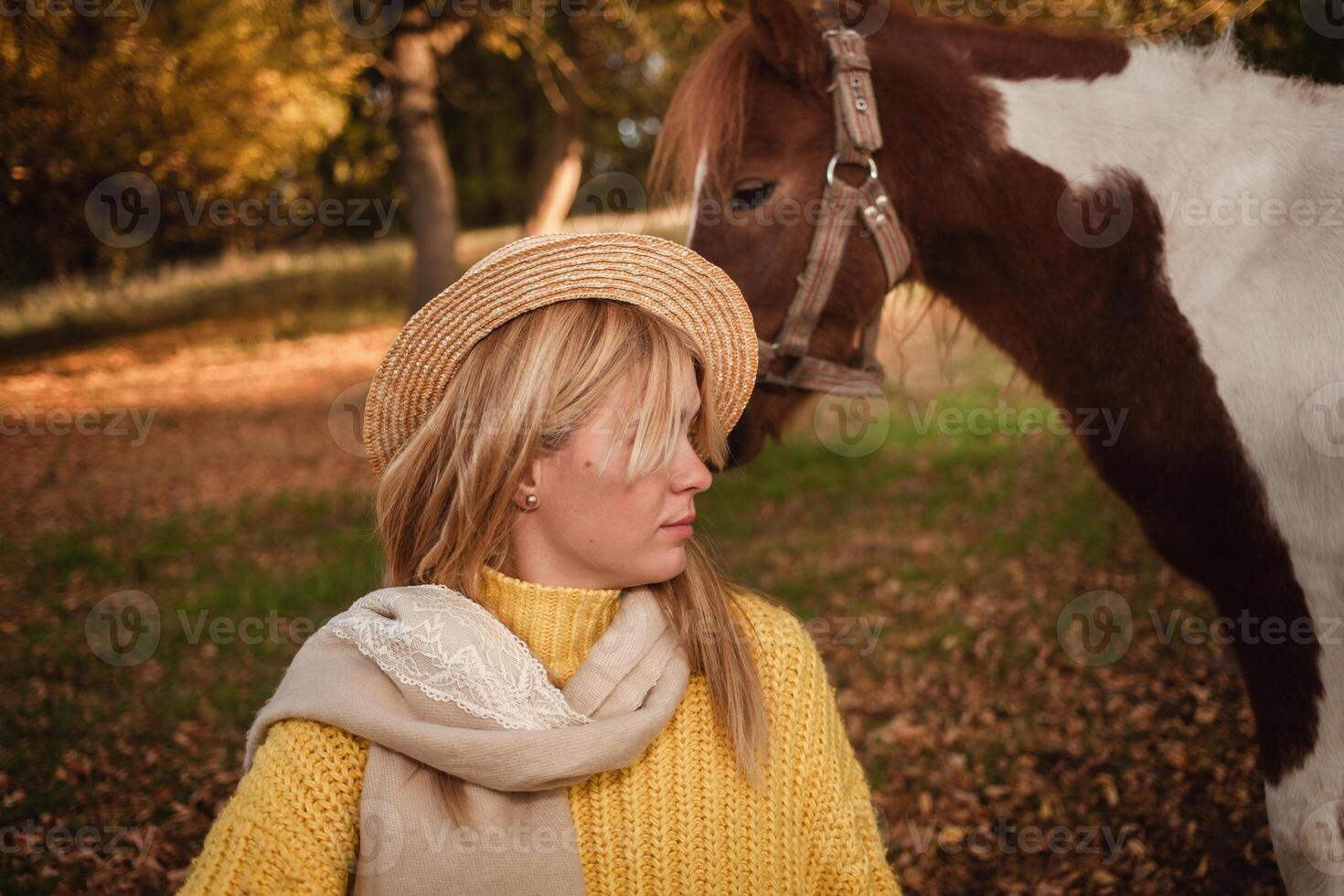 bellissimo immagine, autunno natura, donna e cavallo, concetto di amore, amicizia e cura. sfondo. insolito ritratto. foto