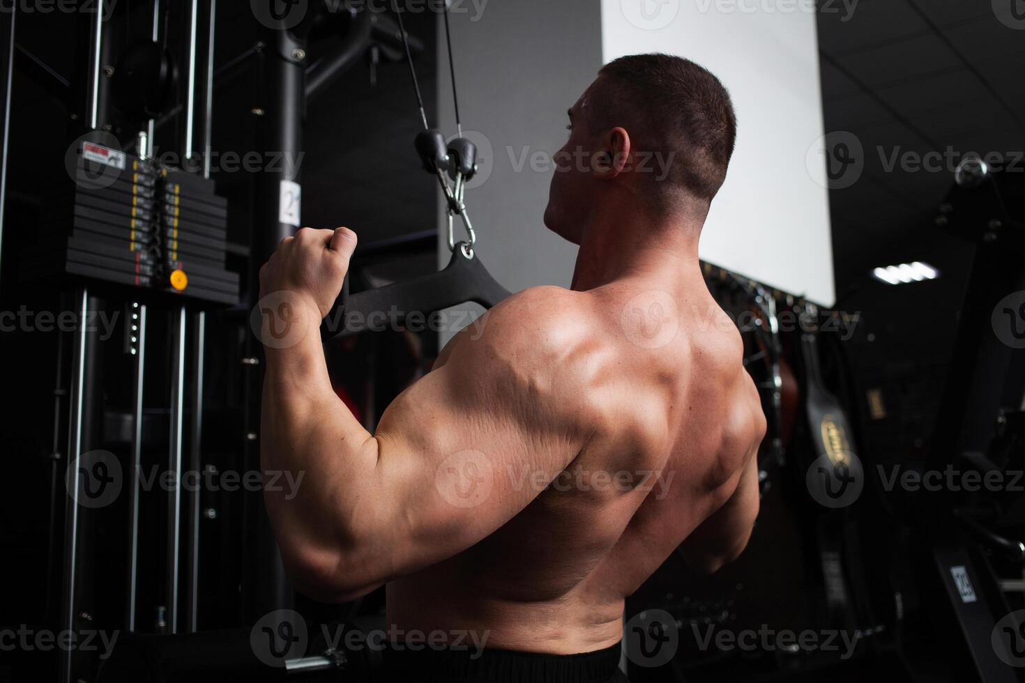 ritratto di un' bello maschio allenatore nel palestra. il atleta fa un esercizio su il simulatore nel il palestra. costruisce muscolo, giochi gli sport, un' salutare stile di vita. bellissimo grande muscolare indietro foto