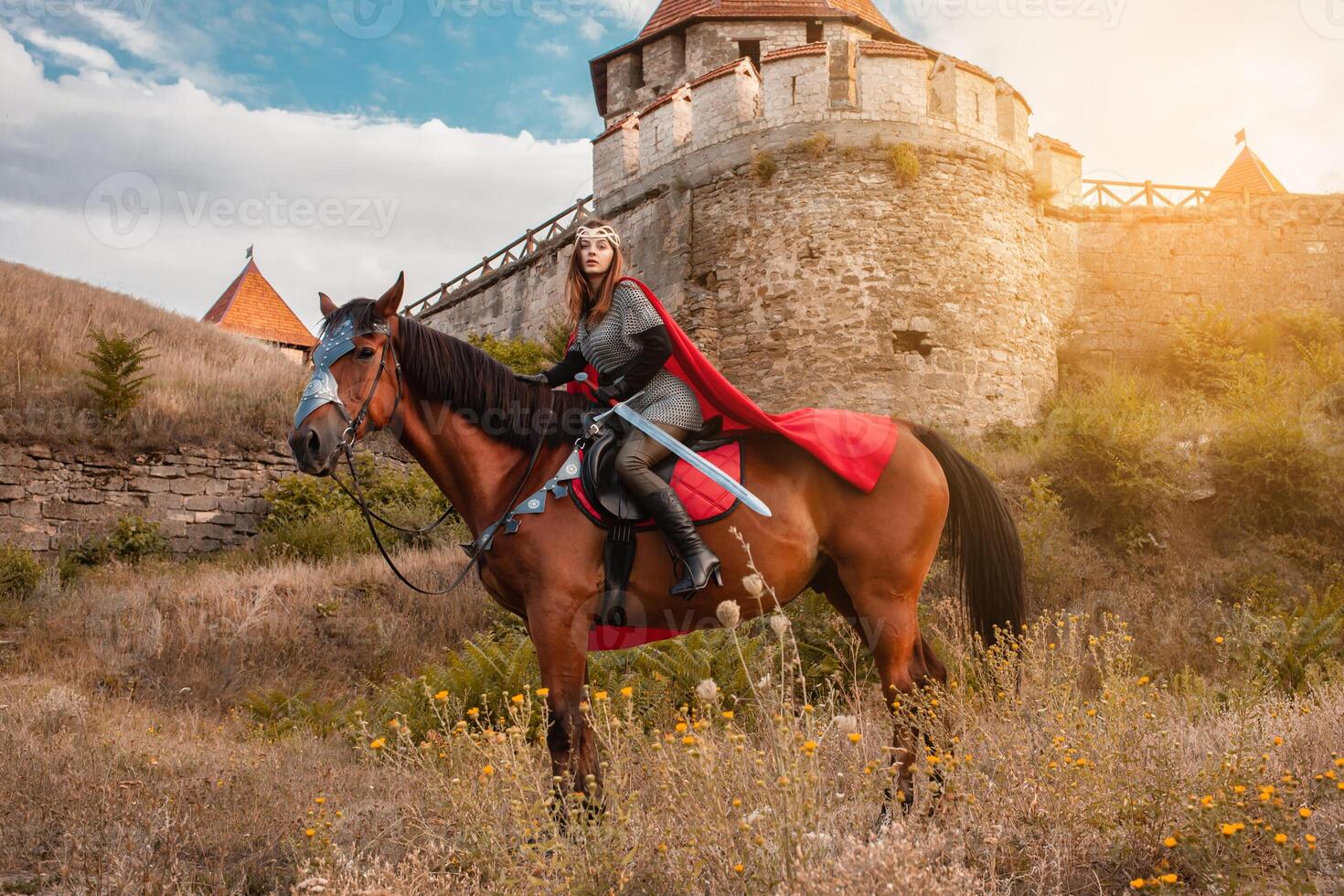 un' bellissimo ragazza nel il costume di il guerriero Regina. un' donna su groppa con un' spada nel sua mano. foto