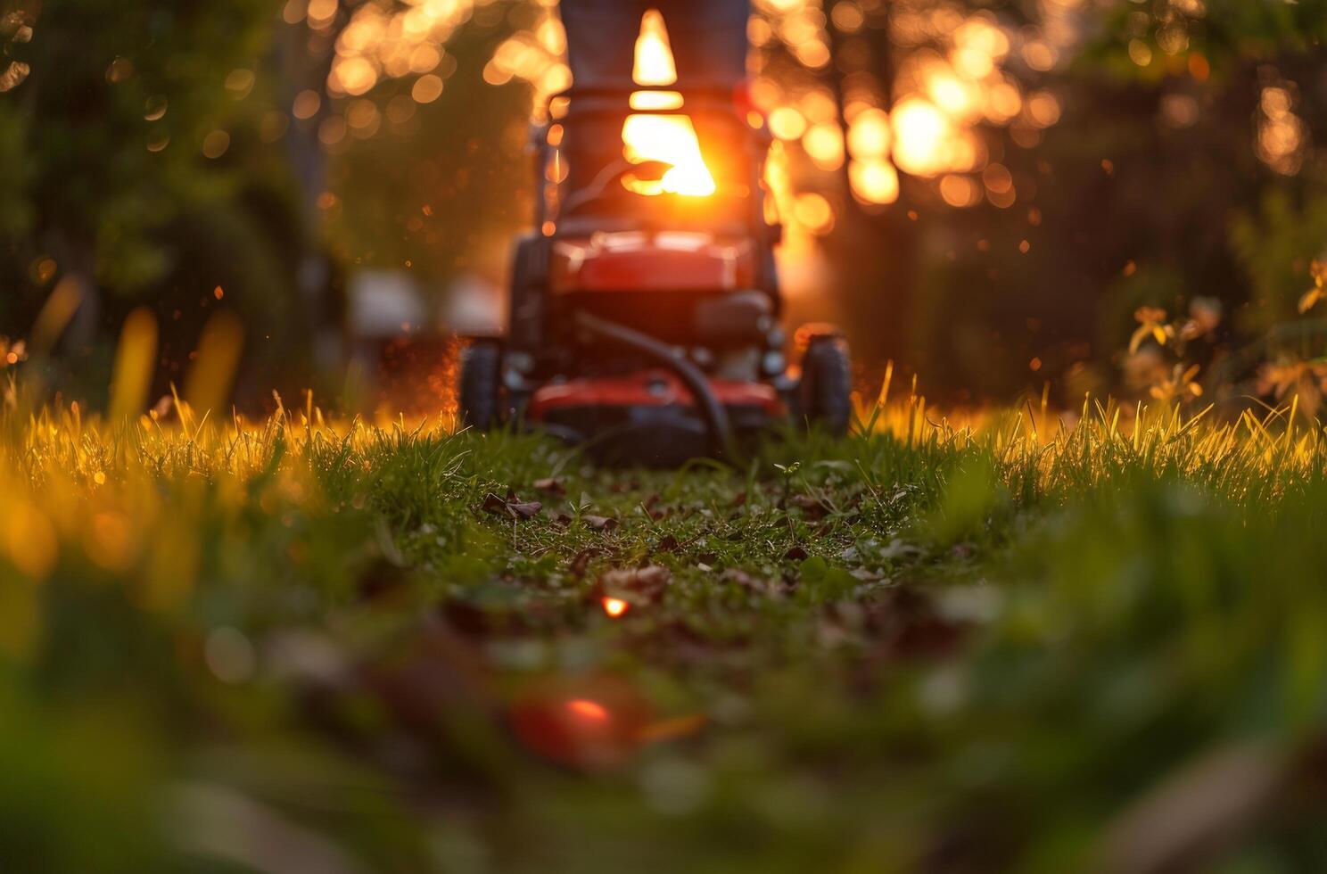 ai generato uomo erba con un' prato falciatore nel il sera leggero foto