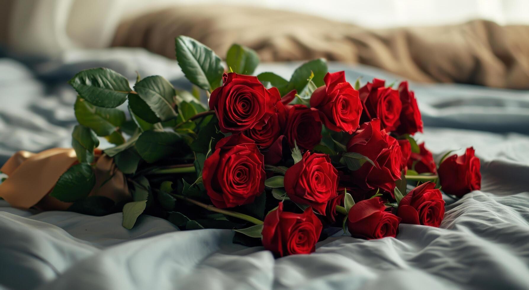 ai generato un' mazzo di rosso Rose su di qualcuno letto foto