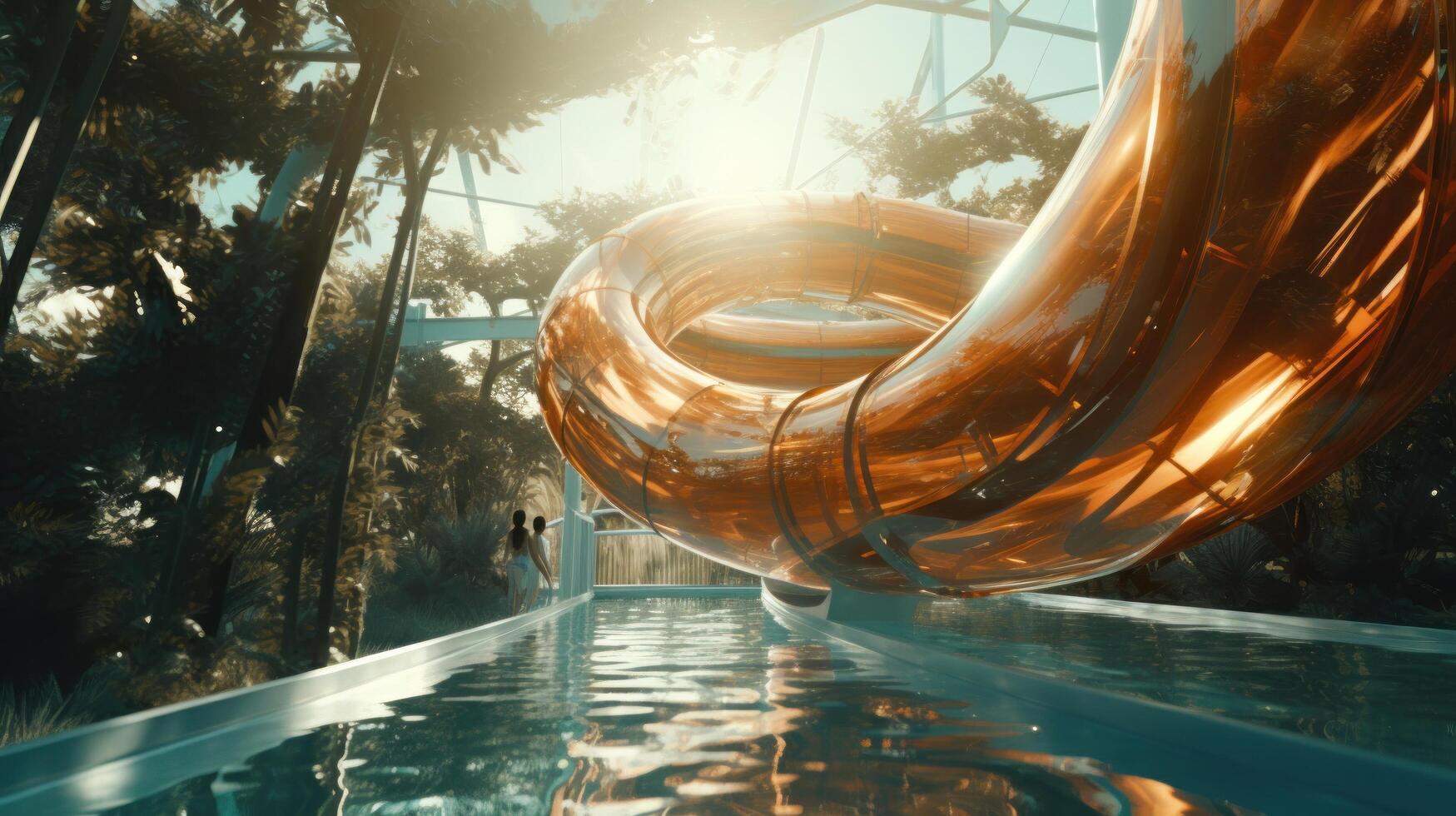 ai generato un' acqua diapositiva nel un' nuoto piscina con persone su un' corda foto