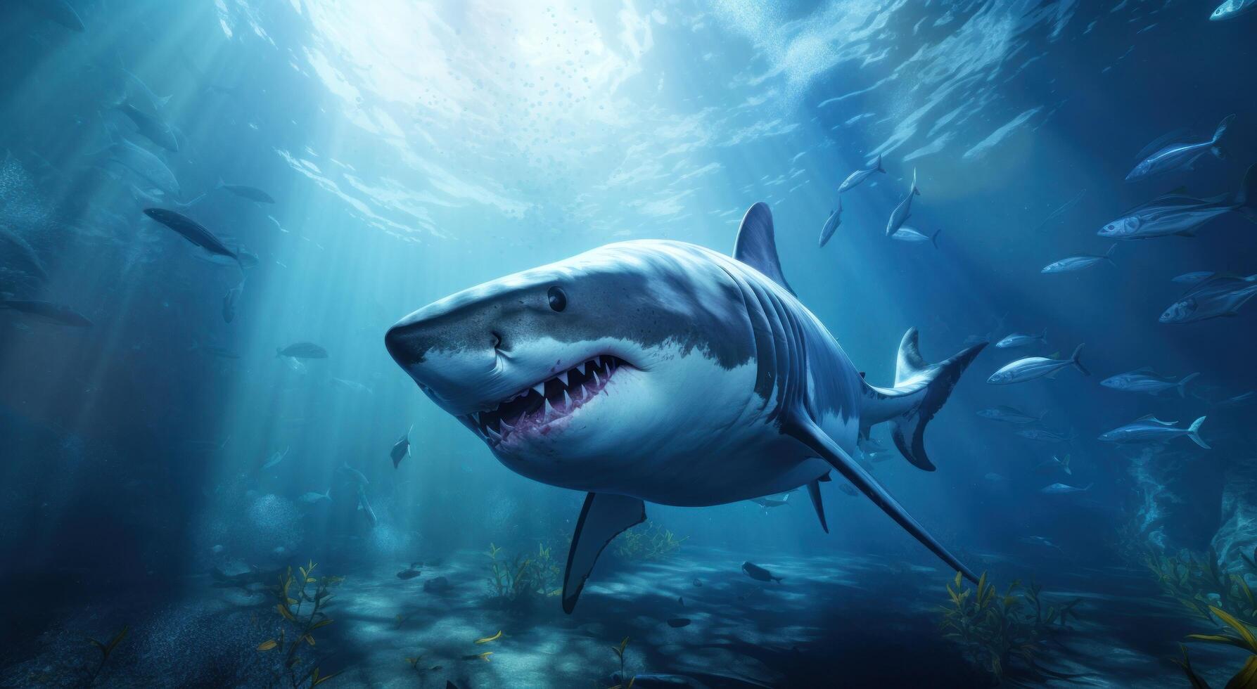 ai generato un' bianca squalo quello è nuoto nel un' bellissimo subacqueo ambiente foto