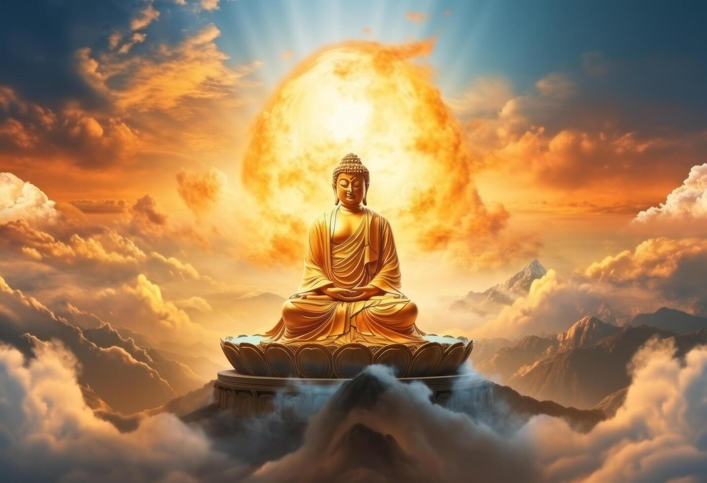 ai generato un' d'oro Budda statua è riposo su un' nube foto