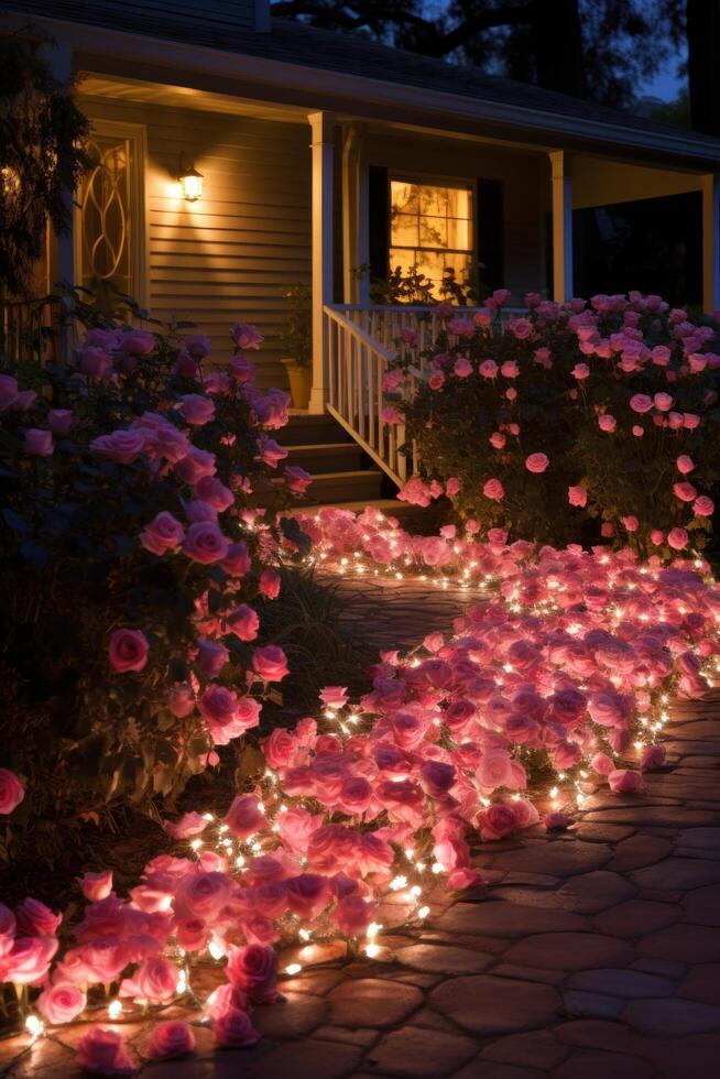 ai generato petalo di rosa sentiero, scintillio luci, e sentimentale amore Appunti foto