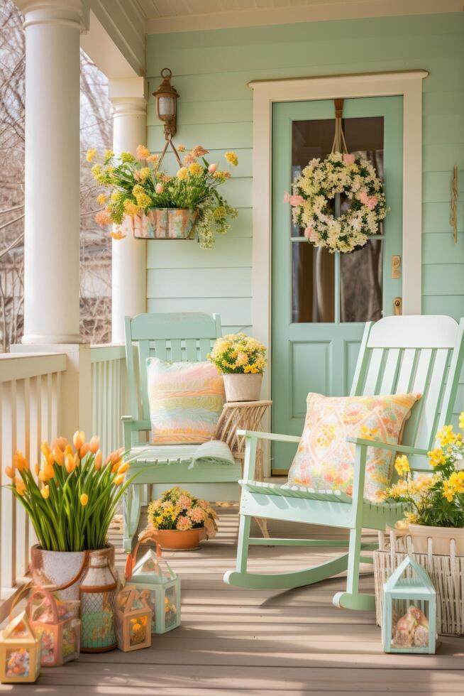 ai generato caratteristico nazione veranda decorato con dipinto a mano di legno Pasqua segni foto