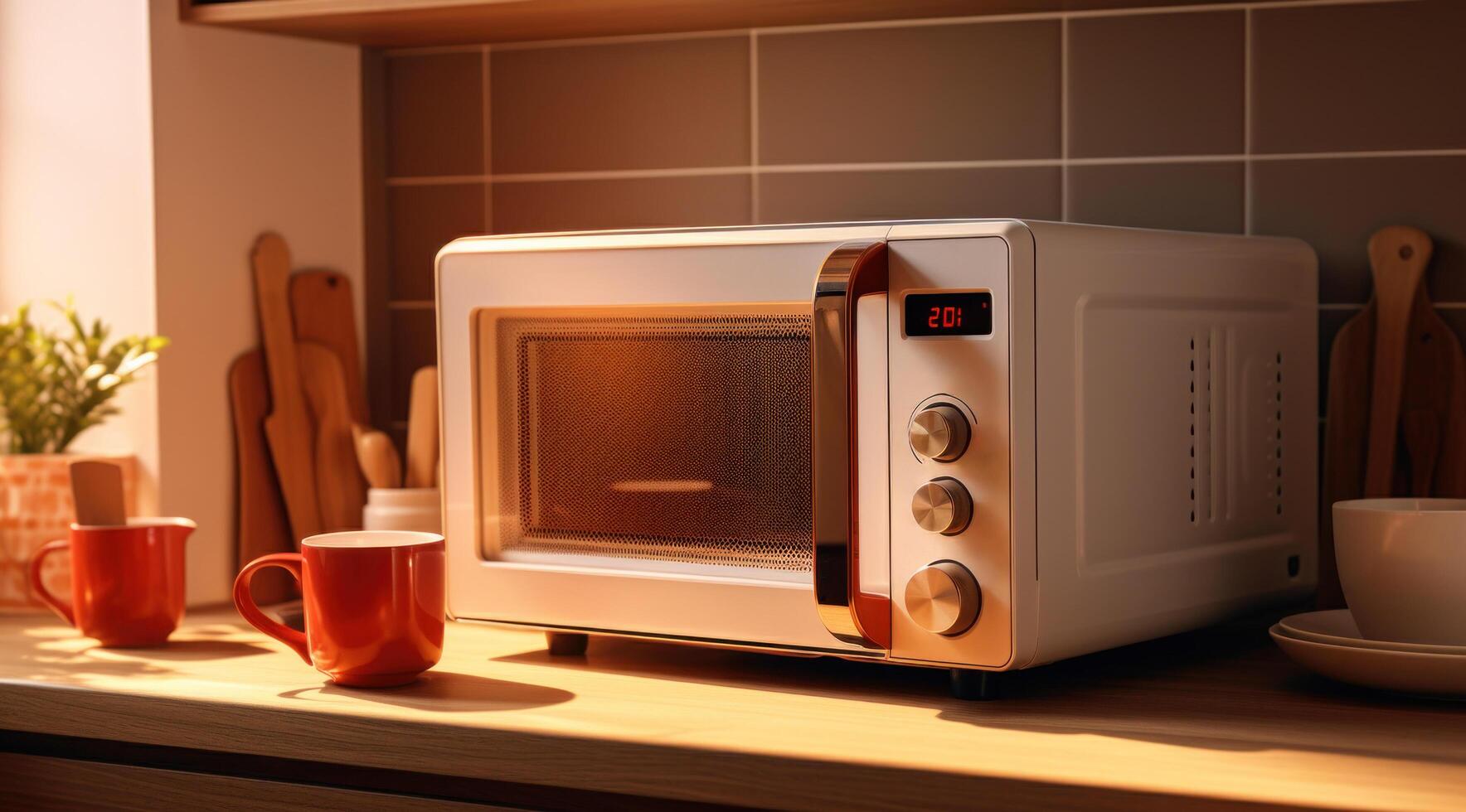 ai generato un' microonde forno si siede nel un' cucina foto