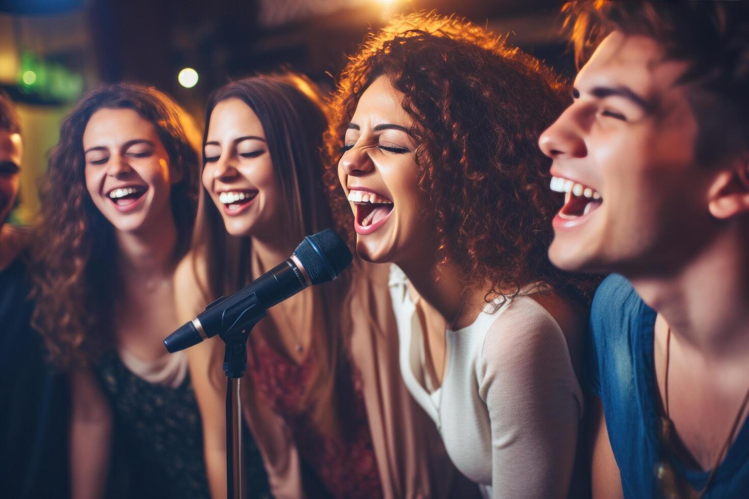 ai generato un' gruppo di amici cantando nel un' bar foto