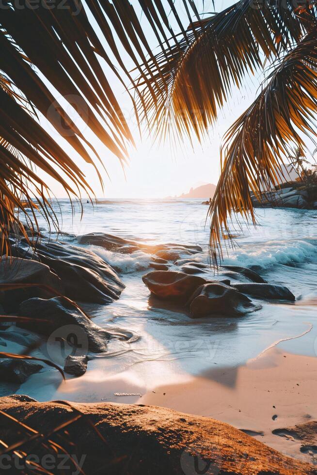 ai generato soleggiato esotico spiaggia di il oceano con palma alberi a tramonto estate vacanza creare ai foto