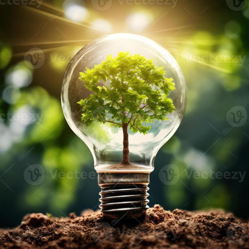 ai generato foto albero in crescita su leggero lampadina con luce del sole generativo ai