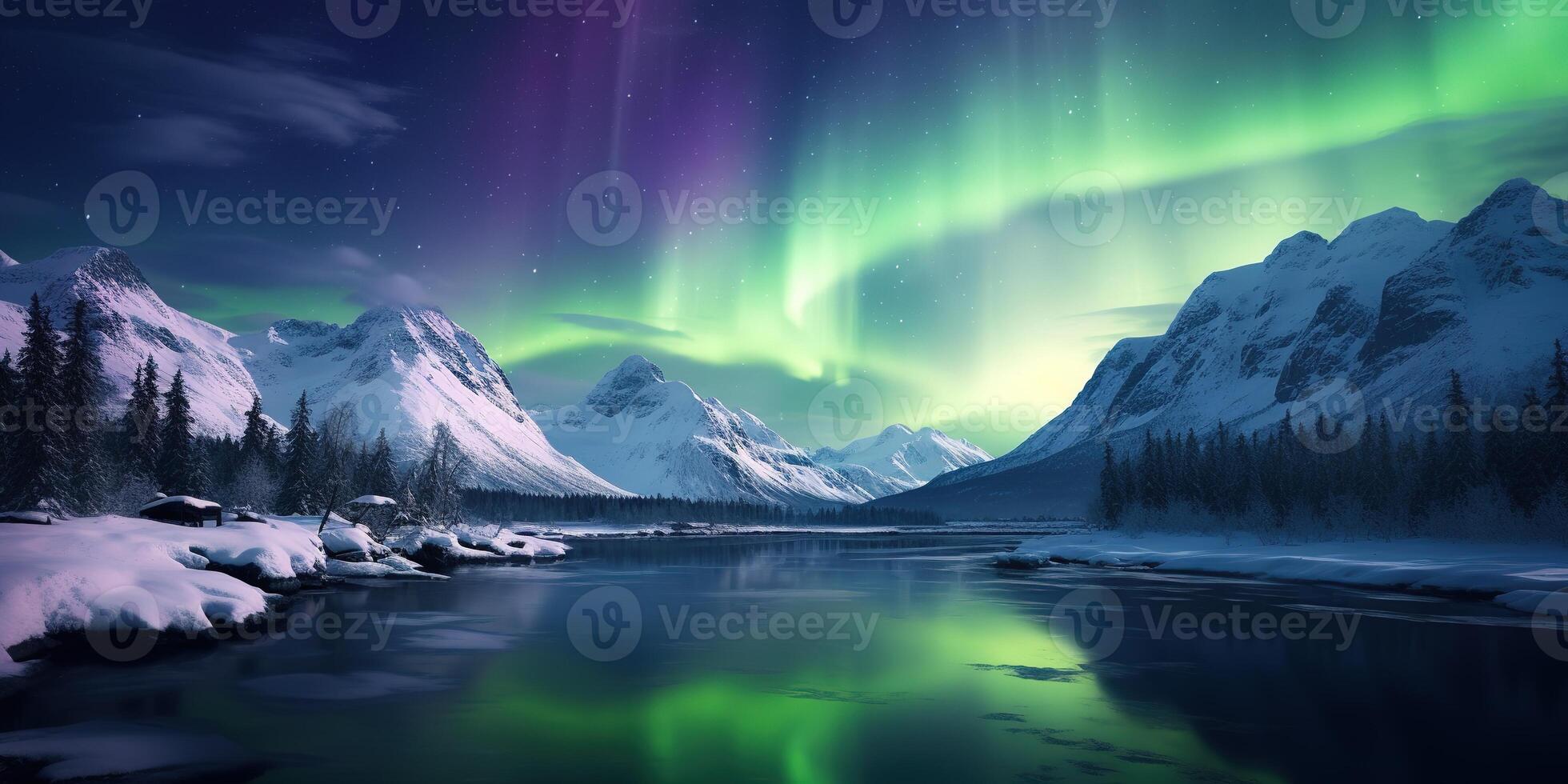 ai generato generativo ai, verde e rosa settentrionale luci sopra nevoso montagne, inverno paesaggio, aurora e riflessione su il acqua superficie foto