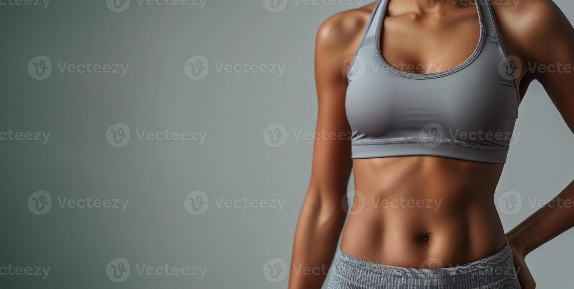 ai generato generativo ai, sportivo donna con grande addominale muscoli Spettacoli stomaco nel abbigliamento sportivo su neutro sfondo foto