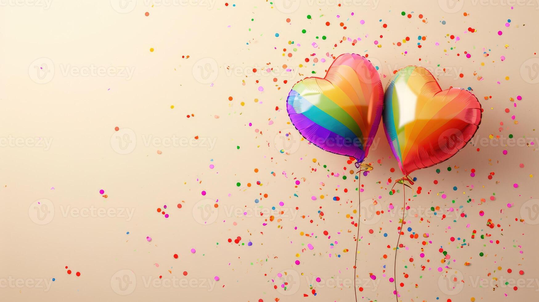 ai generato generativo ai, Foglio lgbt arcobaleno bandiera colori palloncini nel cuore forma e coriandoli per San Valentino giorno o nozze con copia spazio foto