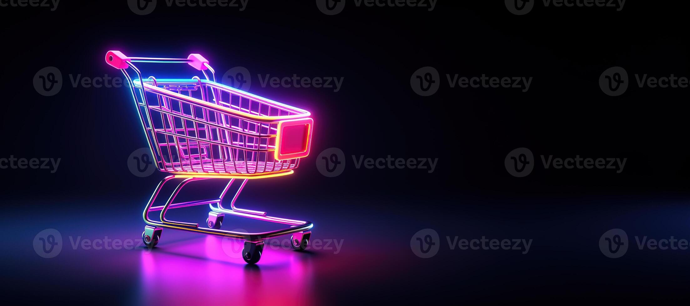 ai generato generativo ai, neon shopping carrello su buio sfondo, anni 80 e anni 90 stile, minimalista negozio in linea, gratuito consegna, sconti e vendita concetto. foto