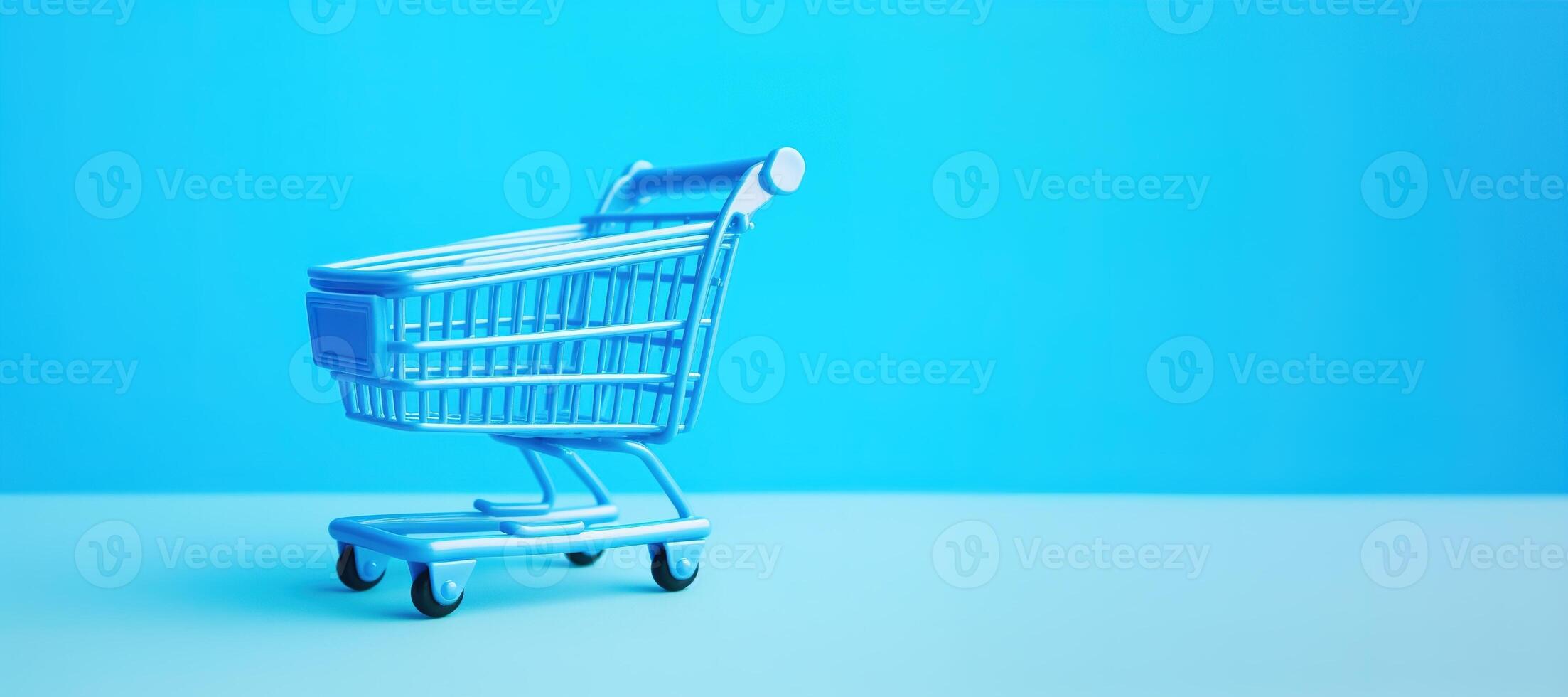 ai generato generativo ai, vuoto shopping carrello su blu sfondo, minimalista negozio in linea, gratuito consegna, sconti e vendita concetto. foto