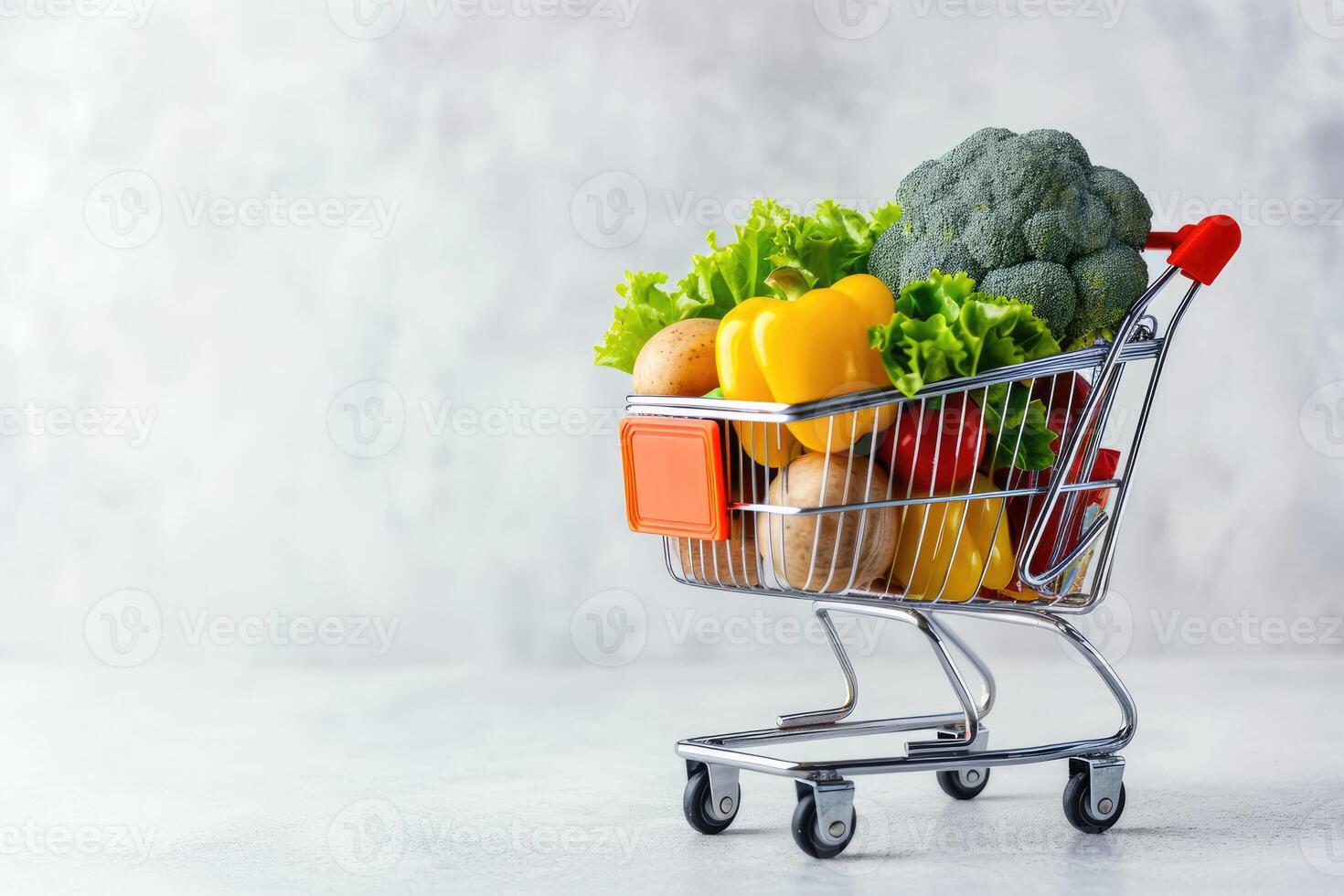 ai generato generativo ai, shopping carrello con verdure e frutta dentro, salutare cibo concetto, sconto e saldi. foto