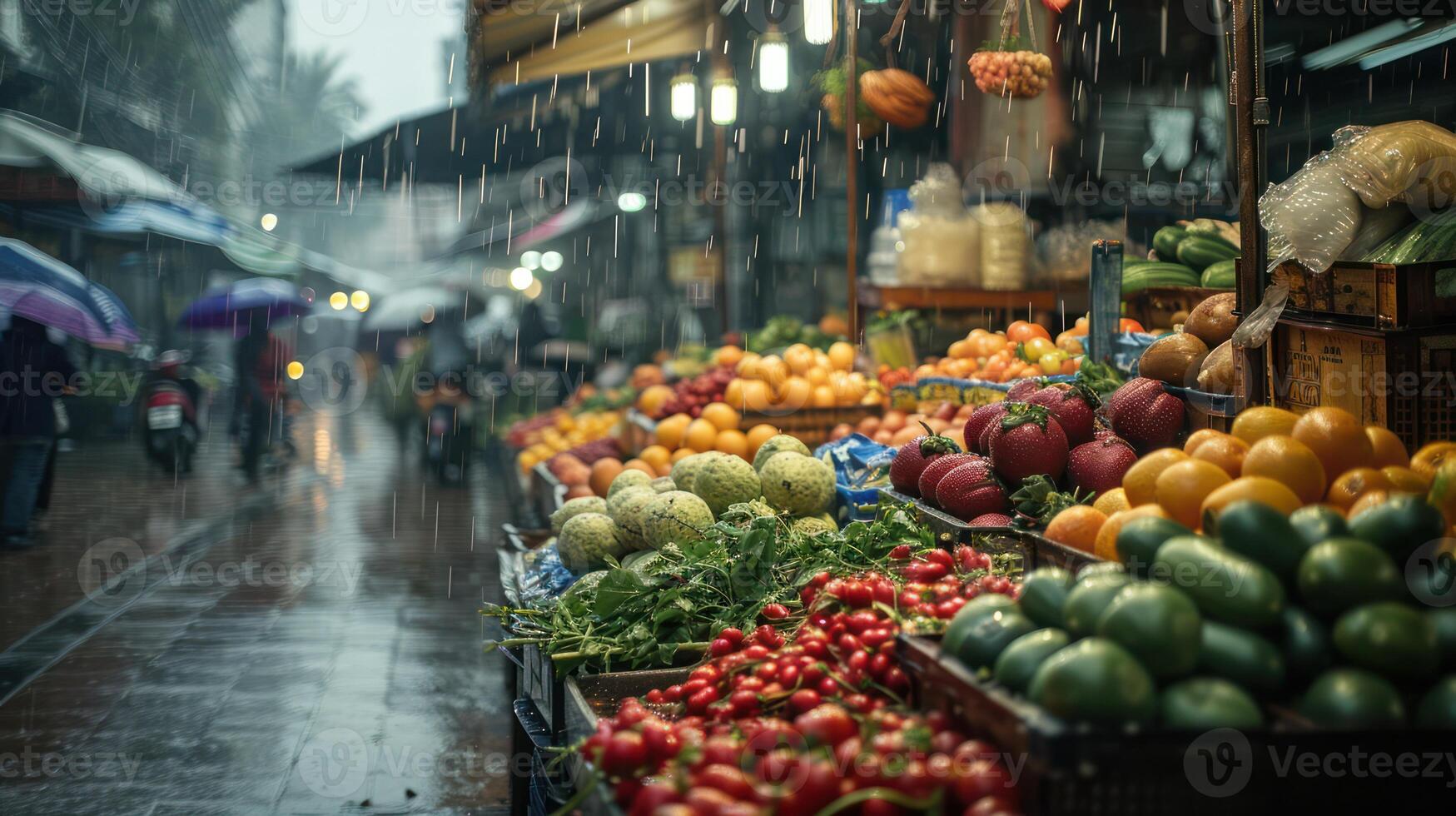ai generato generativo ai, tradizionale orientale asiatico mercato con frutta e verdure sotto il pioggia con ombrelli foto