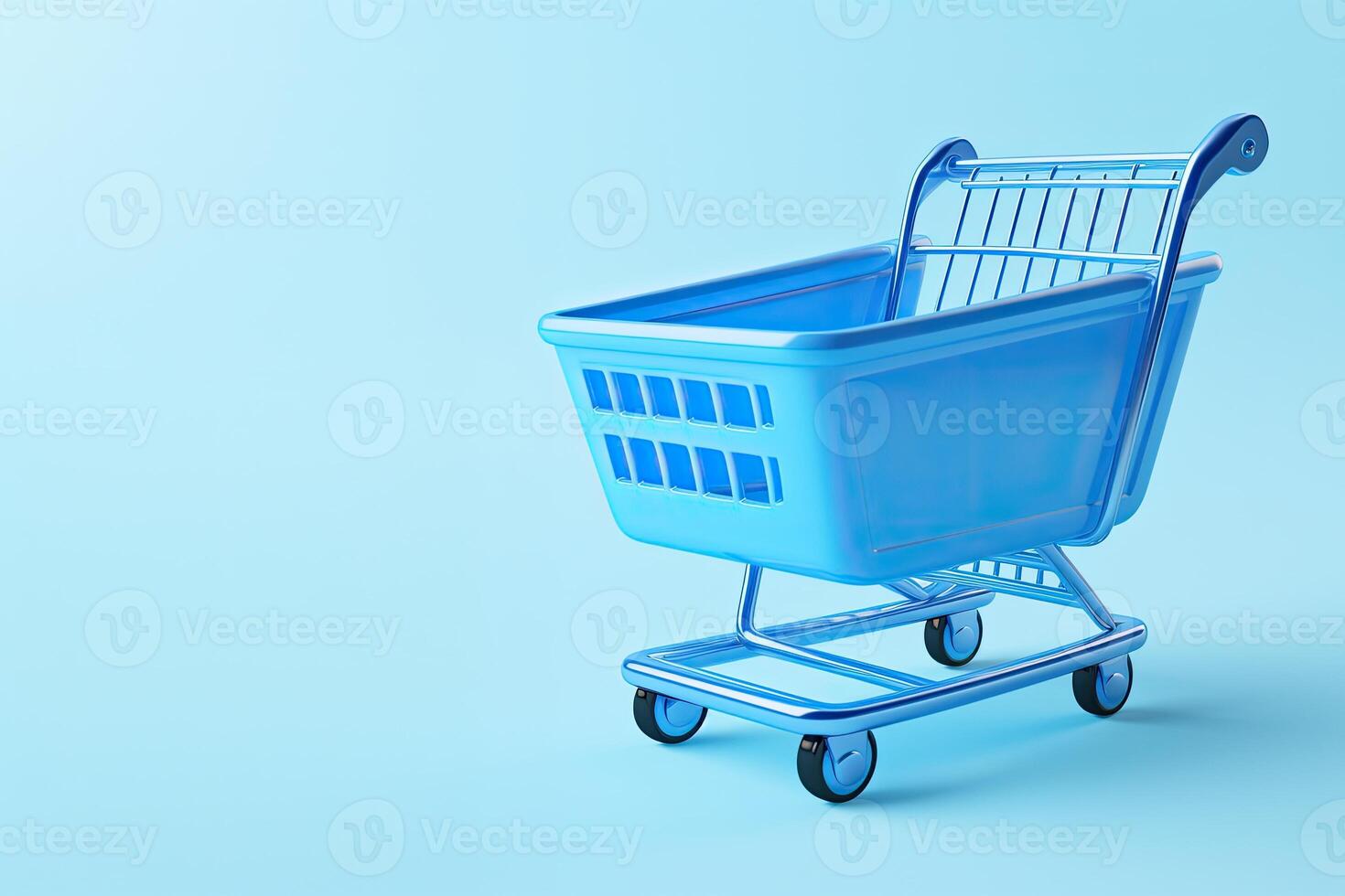 ai generato generativo ai, vuoto shopping carrello su blu sfondo, minimalista negozio in linea, gratuito consegna, sconti e vendita concetto. foto