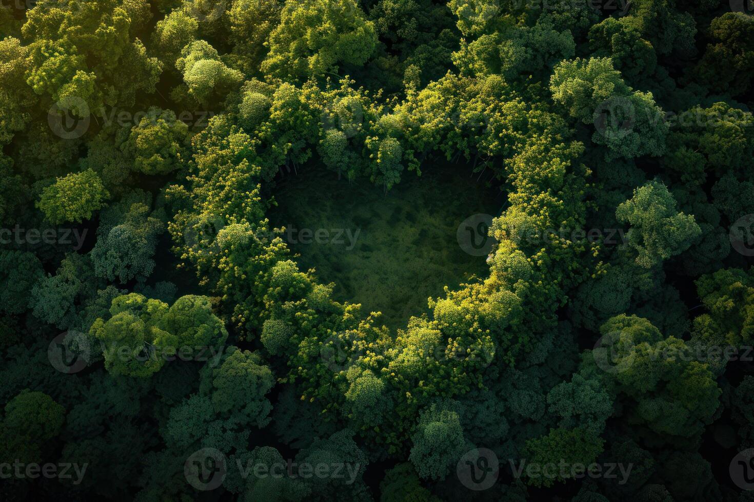 ai generato generativo ai, verde foresta con cuore forma, bellissimo paesaggio con bianca nuvole, ambiente amore pianeta concetto foto
