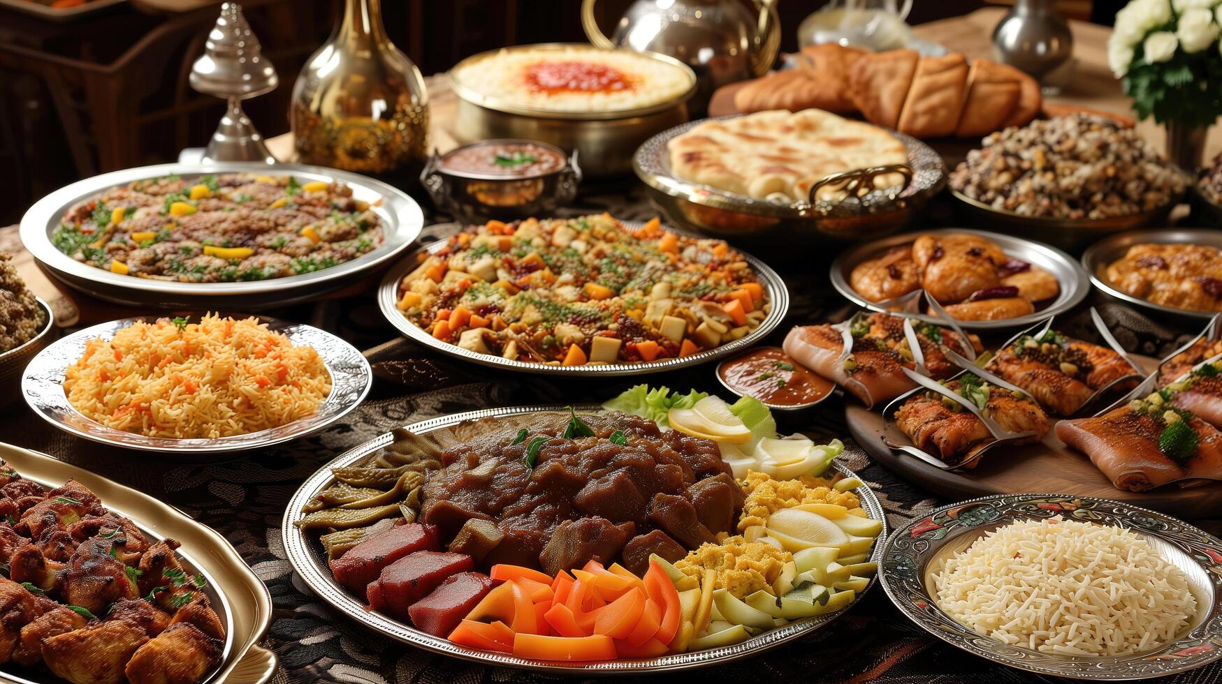 ai generato Ramadan iftar o suhoor festa tradizionale piatti su tavolo foto