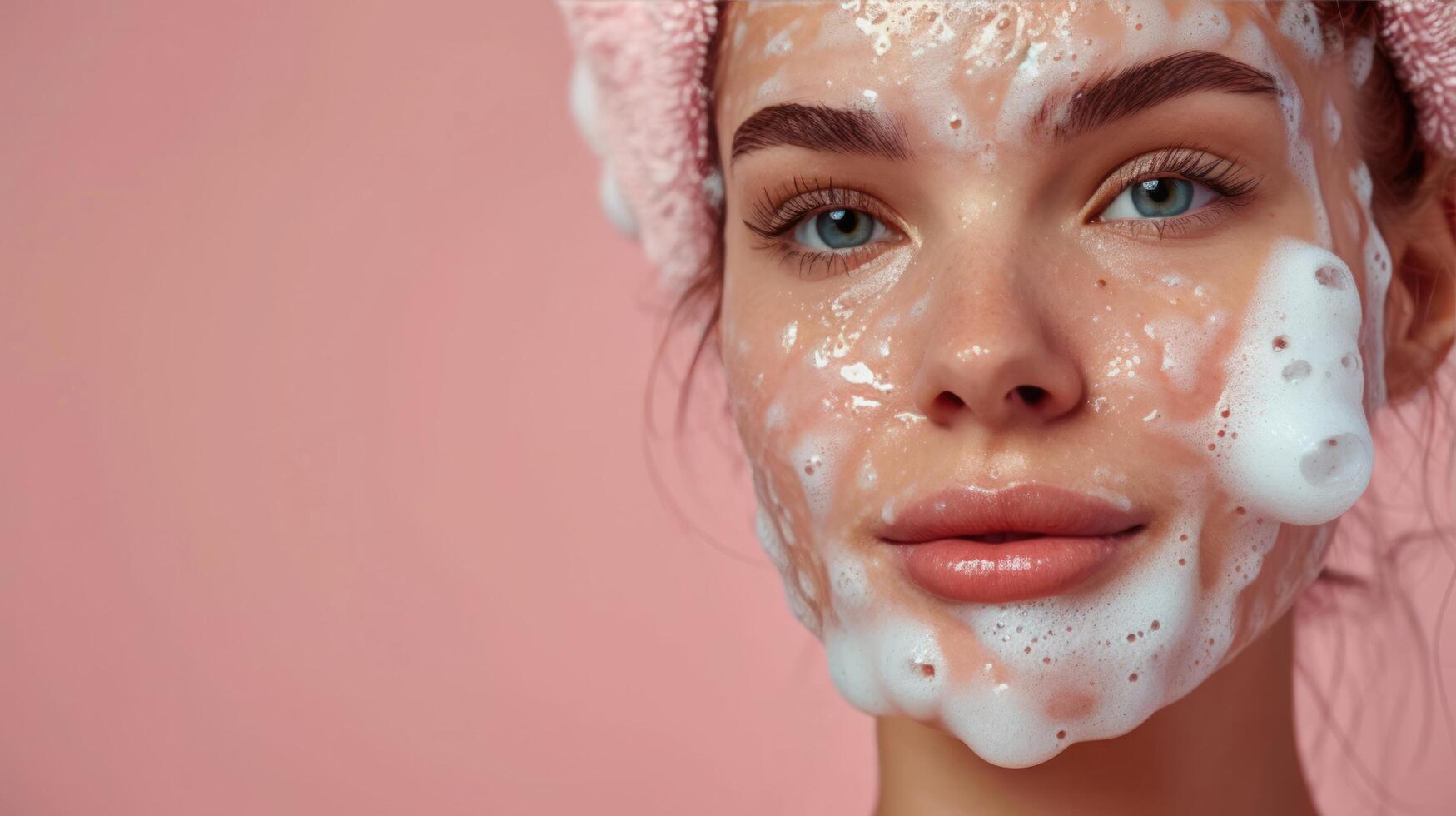 ai generato attraente modello con croccante pettinato capelli, lavaggi viso con detergente schiuma foto