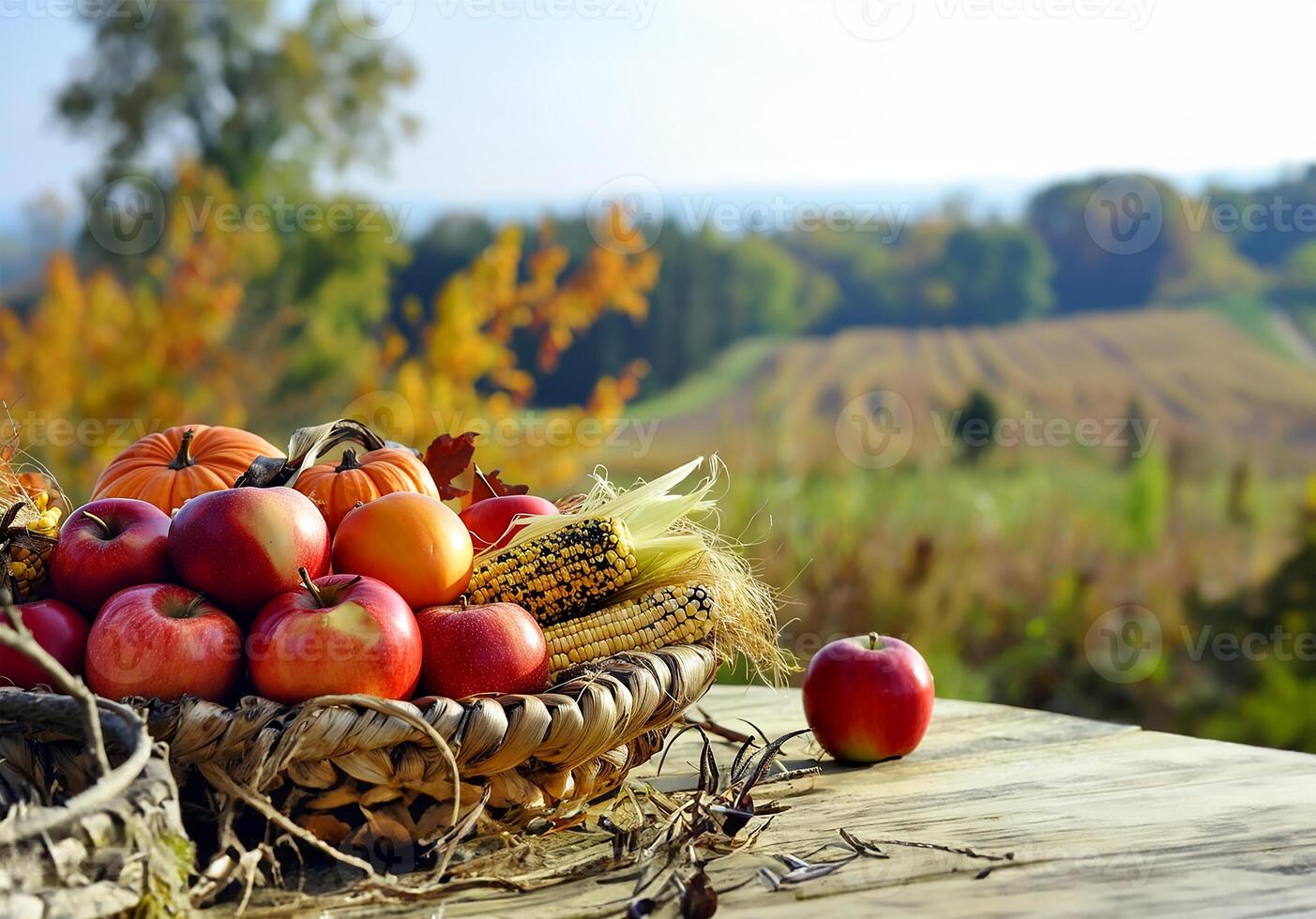 ai generato festivo ringraziamento tavolo con raccogliere cestino e natura scena foto