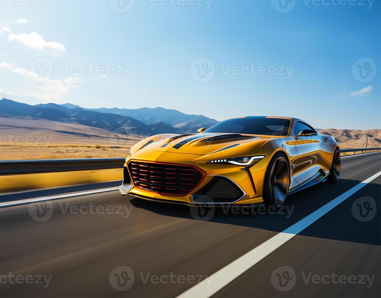 ai generato giallo supercar nel dinamico autostrada azione foto