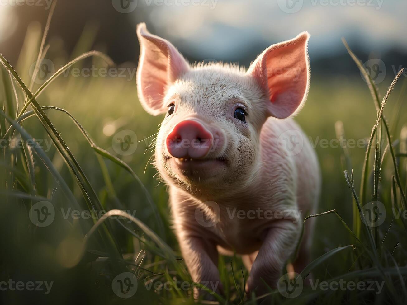 ai generato carino poco bambino maialino giocando nel verde campo, animale sfondo foto