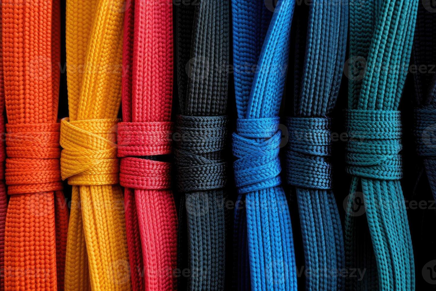 ai generato colorato forza tessile nastri. intrecciata corda fatto di nylon o poliestere nel vario colori. foto