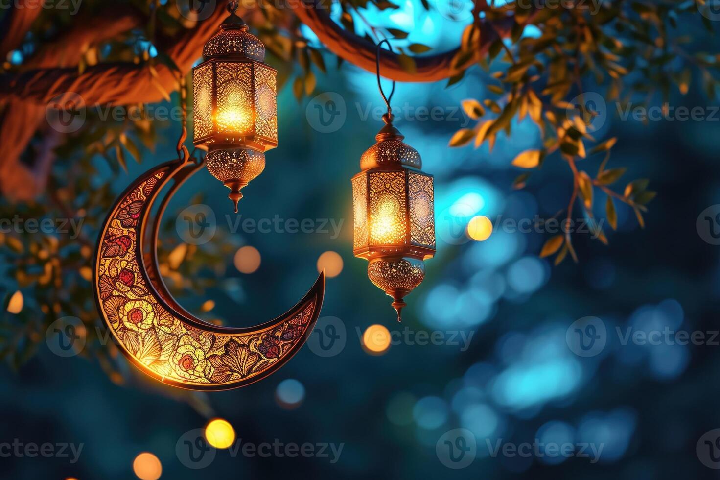 ai generato ornamentale Arabo lanterna con ardente candela raggiante a notte. musulmano santo mese Ramadan kareem. foto