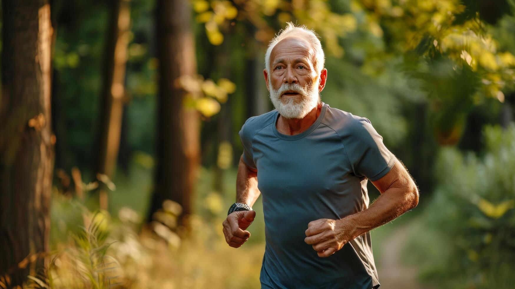 ai generato anziano uomo andando per un' correre nel estate foresta foto