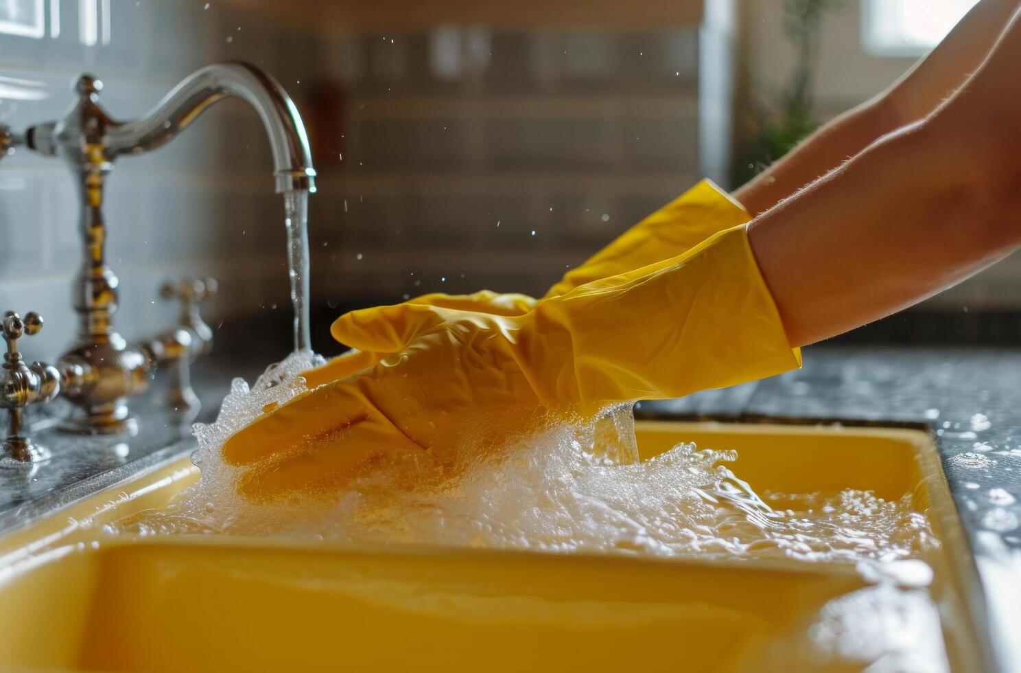 ai generato donna lavaggio su con gomma da cancellare guanti nel cucina Lavello liquidi foto