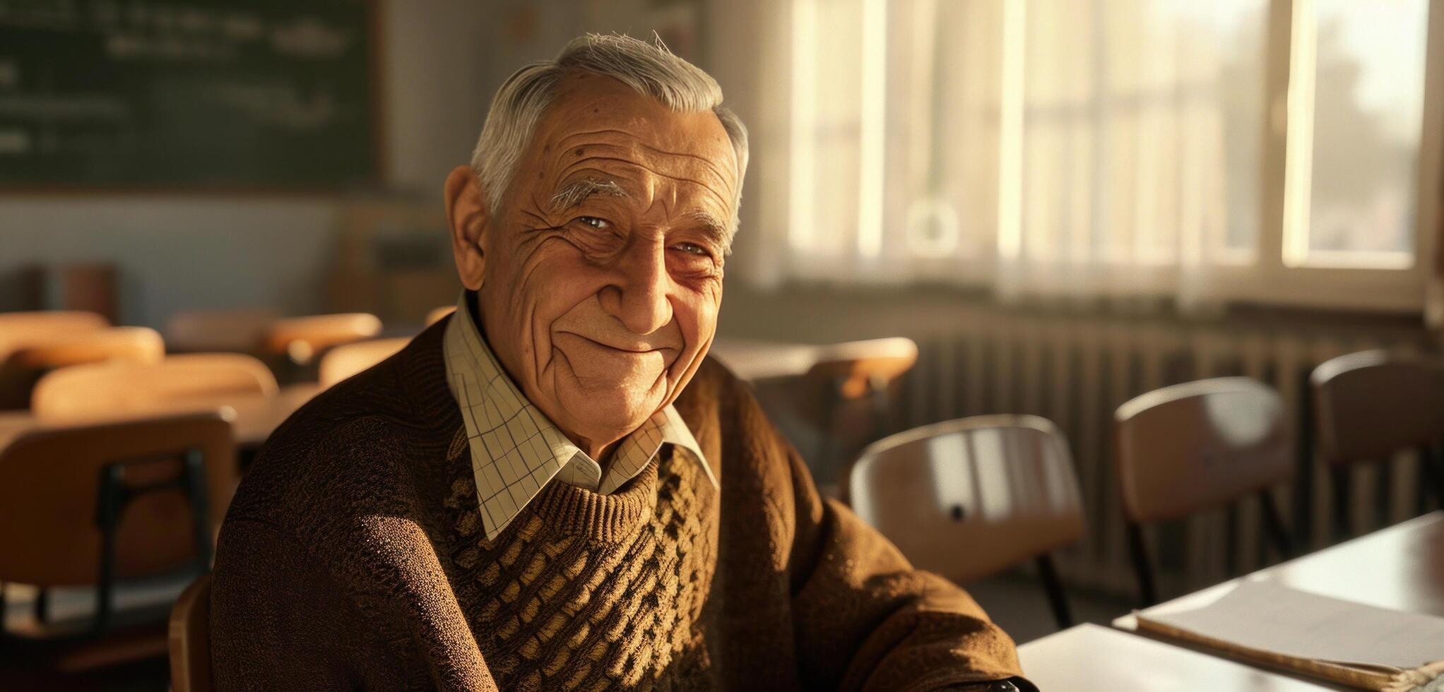 ai generato un' sorridente anziano uomo è seduto nel un' aula foto