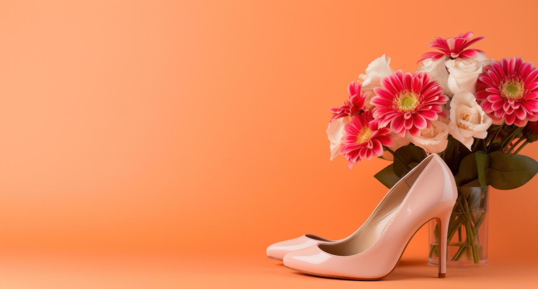 ai generato alto tacco rosa alto tacco scarpe su beige con rosa fiori su un arancia sfondo foto