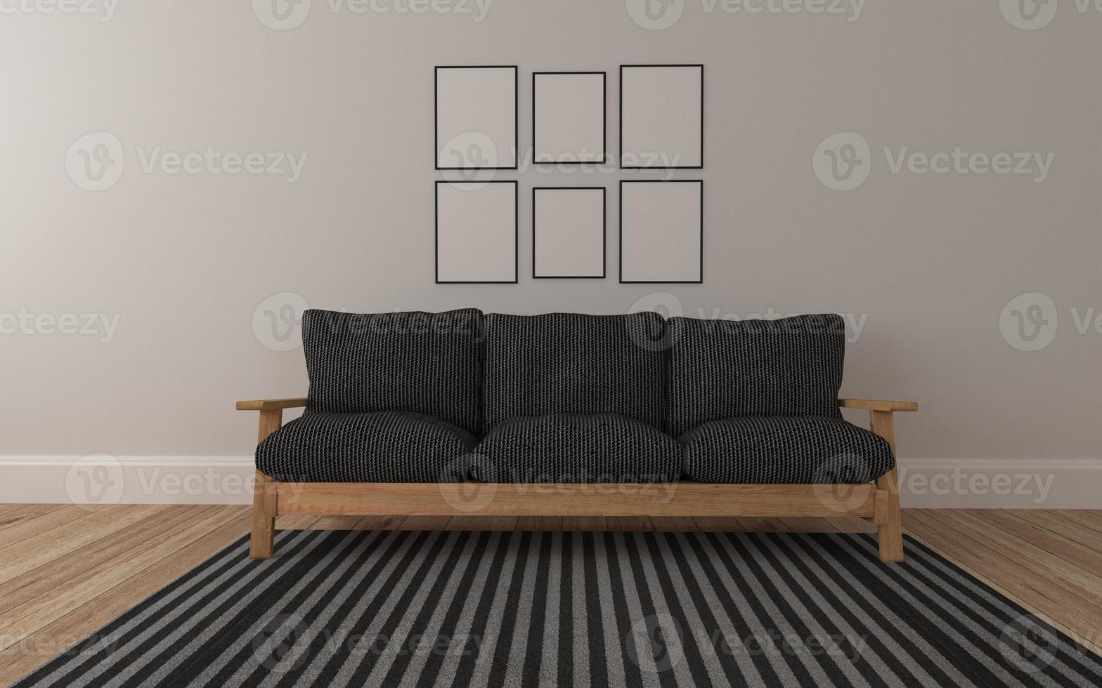mockup realistico di 3d reso dell'interno del soggiorno moderno con divano - divano e tavolo foto