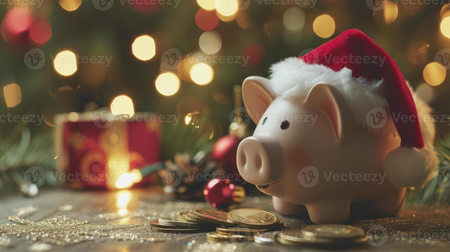 ai generato festivo porcellino banca con Santa cappello e regalo monete celebrazione foto